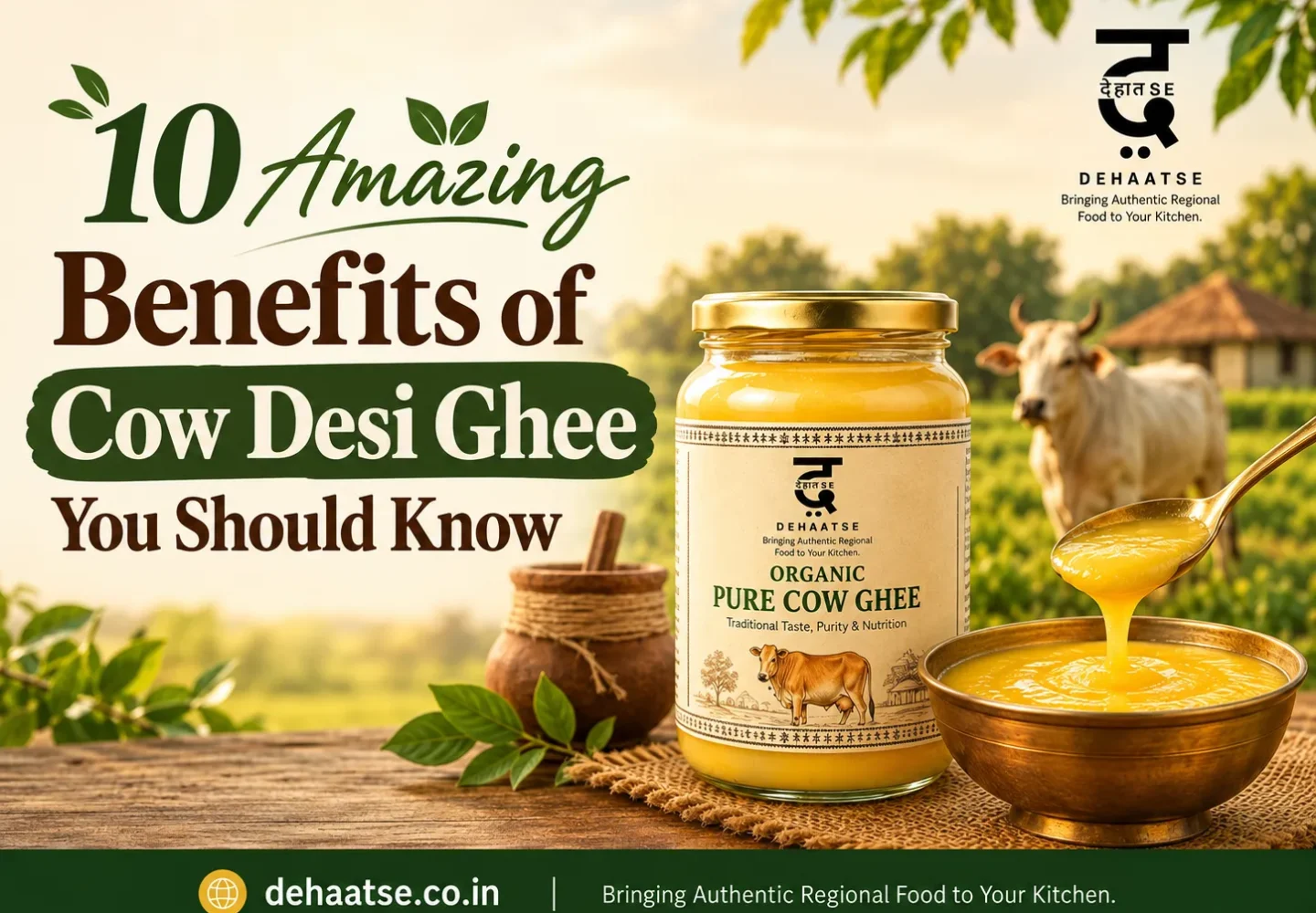 10 benefits of cow desi ghee with a bowl of pure golden ghee and traditional Indian food