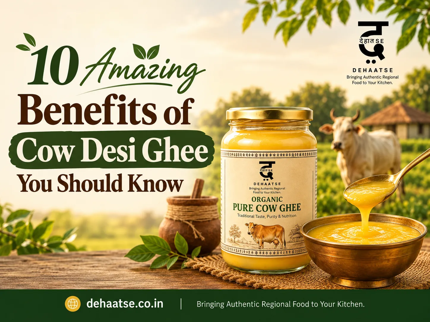 10 benefits of cow desi ghee with a bowl of pure golden ghee and traditional Indian food